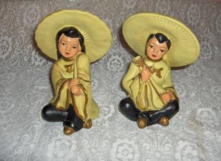 Vintage Chalk Ware Book Ends Green Chinese Boy Girl Universal Statuary 
