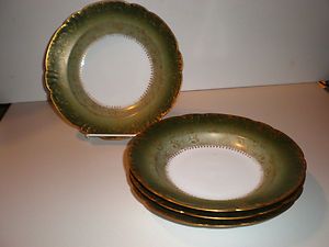 Charles F. Haviland GDM Lot of 4 Soup Bowls Late1800s Green Gold 