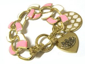 Antique Gold Heart Disc Charm Pink White Link Bracelet