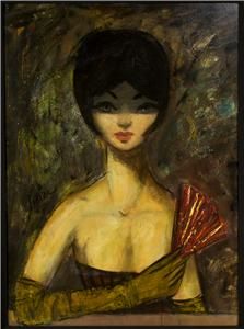 Charles Levier 1960s Oil Painting Portrait of Sexy Femme with Red Fan 