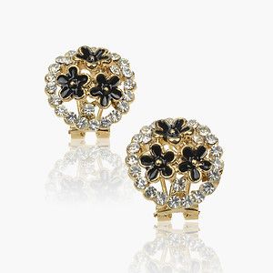Multi Flower Diamante Charm Black Gold Plated GP Enamel Stud Earrings 