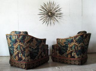Pair Drexel Barrel Back Lounge Chairs Hollywood Regency Mid Century 