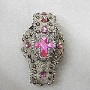 Western Cell Phone Case PINK Rhinestone Bling CROSS Concho White 