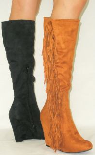 Cherokee Indian Faux Suede Wedge Fringe Tassel Tall Knee High Boots 