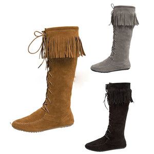 Cherokee Indian Fringe Suede Round Toe Lace Up Mid Calf Flat Boot 