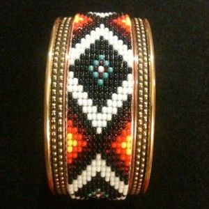 Cherokee Indian Native American Hand Beaded Cuff Bracelet Brass With 