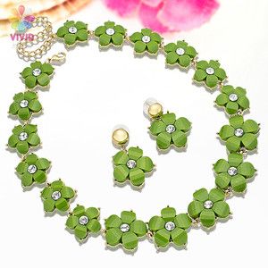 Jewelry Set Green Elegant Flower 18k Yellow Gold Plated Necklace 