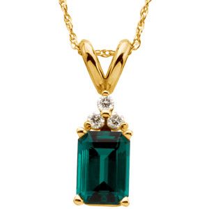 14k Chatham Created Emerald and Diamond Pendant Beautif