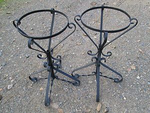   Vintage Mid Century Black Wrought Iron Scroll Work Plant Stands