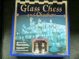 NEW Elegant Glass Chess/Checkers set   Frosted and Clear Pieces with 