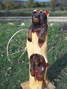 Chainsaw Carving Bear Cub Totem Pole Wood Hand Carved Rustic Decor 