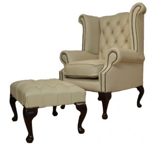 Chesterfield Queen Anne High Back Wing Chair Cream Leather Footstool 