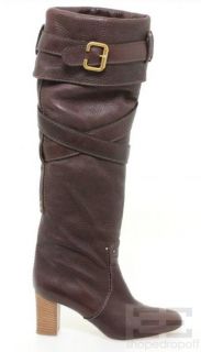 Chloe Brown PEBBLED Leather Cross Strap Knee High Heel Boots Size 39 