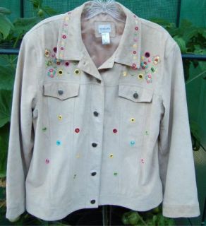 CHICOS SUEDE LEATHER Embroidered Shisha Trim JACKET 2 Ex Cond