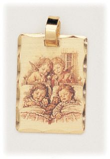 Two Guardian Angels Watching Two Sleeping Children Baptism Birth Medal 