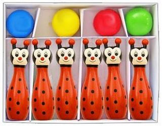 New Childrens Wooden Bowling Skittles Game Set Ladybird