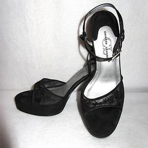 Chinese Laundry Black Satin Sheer Embroidered Beaded Peep Toe Strappy 