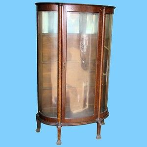   Oak Antique Curved Glass China Cabinet Claw Feet Mirrored Back