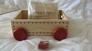 New Childrens Wooden Wagon w Purple Hearts Pull Rope and Wooden Blocks 