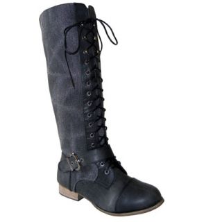 Army Chic Canvas Knee High Lace up Military Combat Boots Black