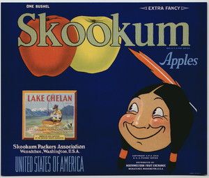 Skookum Vintage Lake Chelan Inset Apple Crate Label Blu