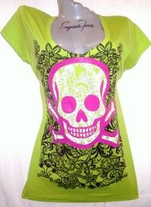 V25C Hot Pink Green Tattoo Lace Punk Rock Skull Goth Tee T Shirt Top 
