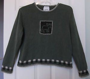 Christopher Banks Size M Green sweater embroidered moose long sleeves 
