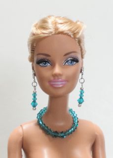 Silver Barbie Necklace & Earrings Set w/ Graduated Swarovski TEAL BLUE 