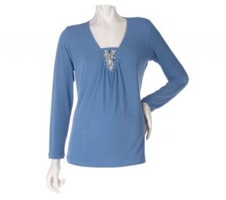 Susan Graver Liquid Knit Squared V neck Top w/Shirring & Embellishment 