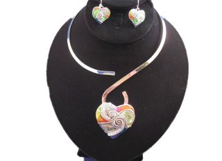  Abalone Rainbow Chunky Heart Necklace Set with 2 Silver Chokers