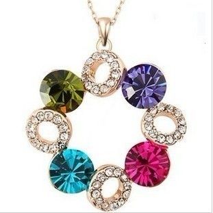  Plated Multicolour Blue Glass Crystal Circle Pendant Necklace