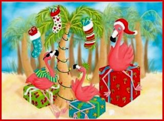 Pink FLAMINGO & PALM Tree Florida Christmas 16 Holiday Boxed Cards NEW