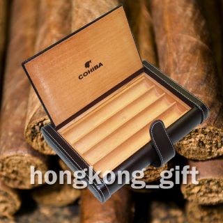 COHIBA Cigar Case Brown Leather Wood Box Travel Kit Holder HKG 3061