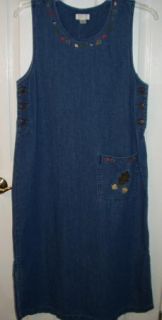 Christopher Banks Med Blue Denim Jumper Dress Autumn Embroidery