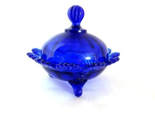 New Mosser Glass Cobalt Blue Footed Covered Candy Dish Scalloped Edge