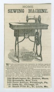 RARE 1875 Ad Home Sewing Machine by Johnson Clark Co