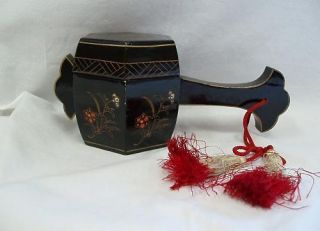 Asian Lacquer Ware Box w Handle Divided Black Red Pompoms Cord Floral