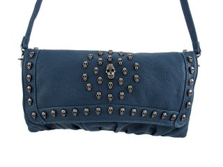 denim blue vinyl clutch purse with skull studs