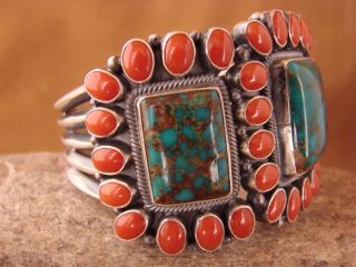  Indian Large Sterling Silver Turquoise & Coral Bracelet by Kirk Smith