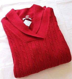 Charter Club Red Cable Knit V Neck Shawl Collar Sweater Top Womens s