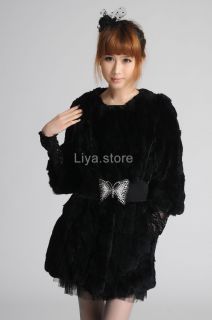 New Womens Ladys Black Real Rex Rabbit Fur Winter Long Warm Coat