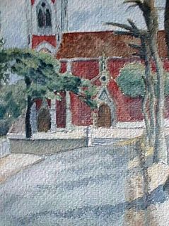 WATERCOLOR PAINTING RED CHURCH ROAD FRANCE POST WAR LANDSCAPE