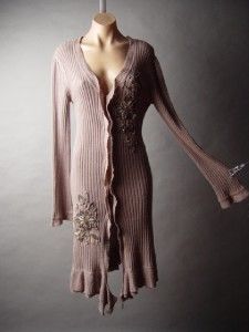 Vtg Y 70s Flower Beaded Applique Long Duster Jumper Sweater Coat MV
