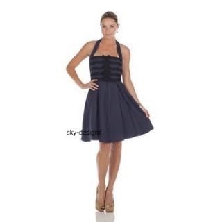  Black Navy Blue Halter Flared Linen Skirt Cocktail Dress 4