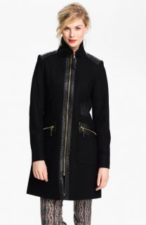 Via Spiga Faux Leather Trim Wool Blend Walking Coat (Online Exclusive)