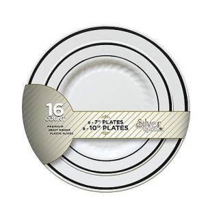 10 Combo Plates Masterpiece Style 256ct White Silver Rimmed Bulk
