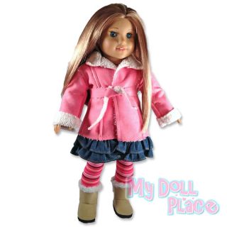 Doll clothes fit American Girl * Pink Sherpa Coat Denim Skirt Leggings