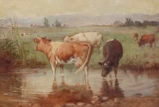 Clara Owen Listed Female Impressionist Hudson River School Cow Fall