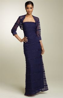 JS Collections Ruffle Stripe Gown with Sheer Bolero