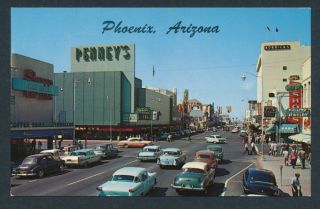  ARIZONA AZ,Washington Street Downtown Stores, Old Cars, 1950s Postcard